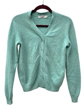 Lochmere 100% cashmere mint turquoise cable knit v-neck washable sweater size 12